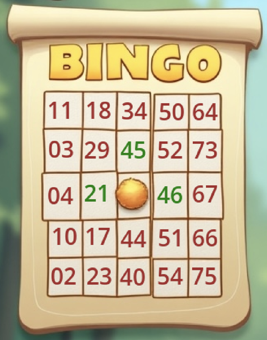 A Charity Bingo card from the game: the BINGO header, 25 numbered squares with a gold free space in the centre and two numbers already daubed green